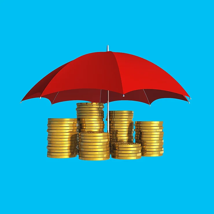 A stack of gold coins sheltered under a red umbrella on a bright blue background.