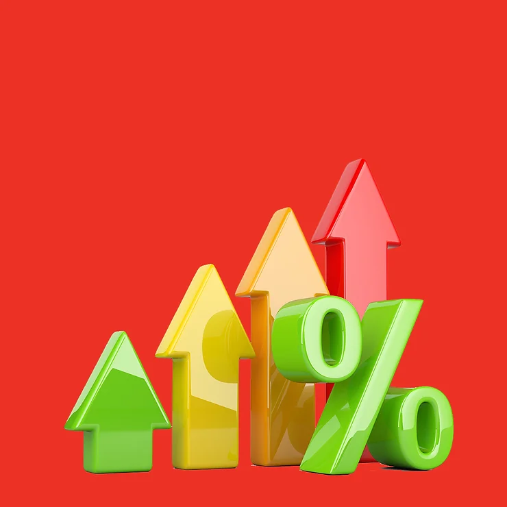 Colourful 3D arrows pointing upwards with a large green percentage symbol in front, set against a bright red background.