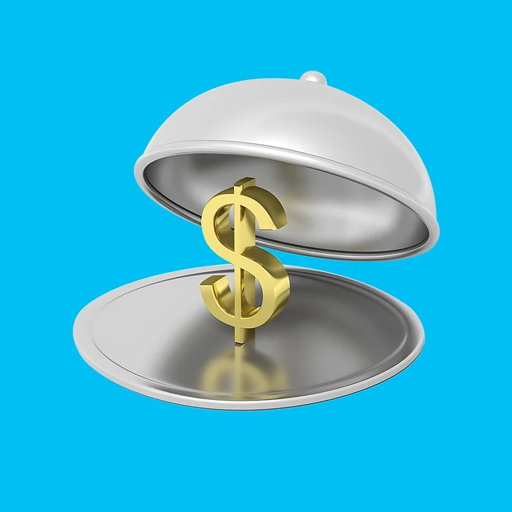 A golden dollar symbol inside an open silver cloche on a blue background.