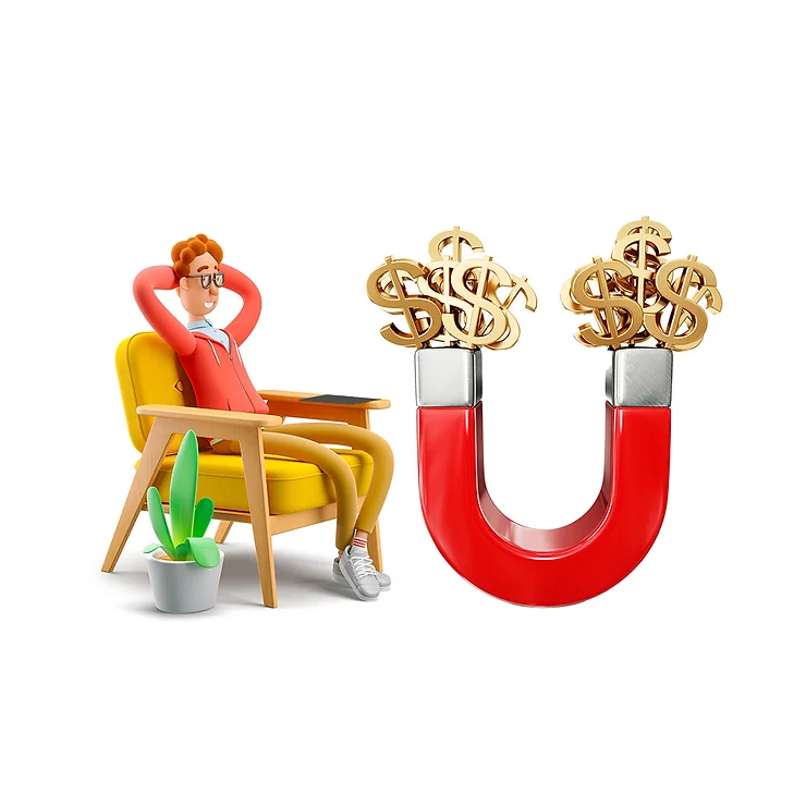 A 3D illustration of a relaxed person sitting in a chair with a giant horseshoe magnet attracting dollar signs, symbolising financial success.