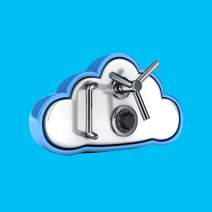 A cloud-shaped vault icon with a combination lock and metal handle on a bright blue background.