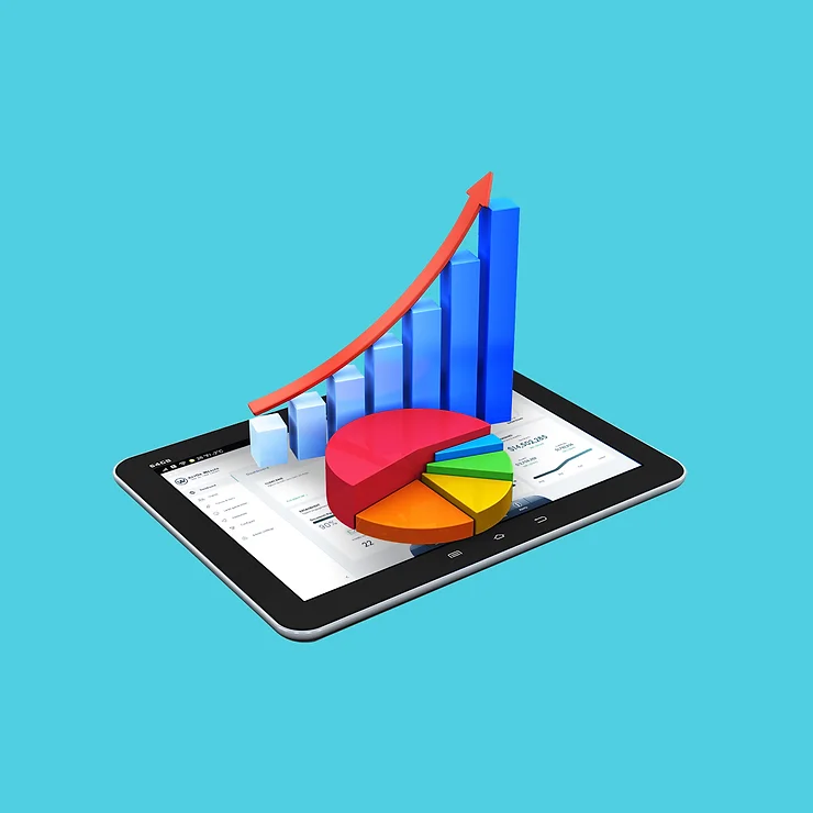 A tablet displaying a colourful pie chart and a bar graph with an upward trend, symbolising growth and financial analysis.