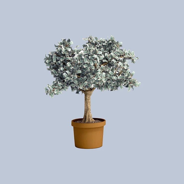 A potted tree with leaves made entirely of U.S. dollar bills.