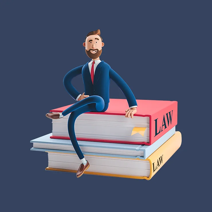 A cartoon businessman sitting on a stack of law books, symbolizing knowledge and expertise in the legal field.