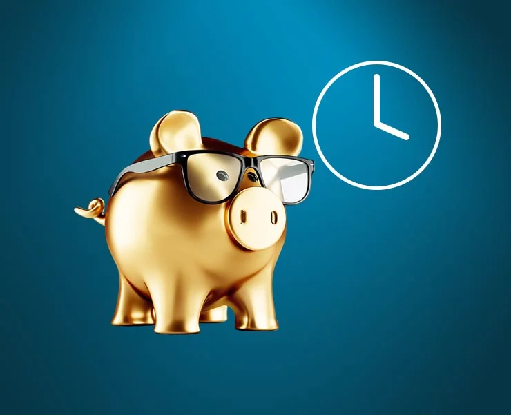 golden piggy bank wearing glasses with a clock icon beside it, set against a blue background.