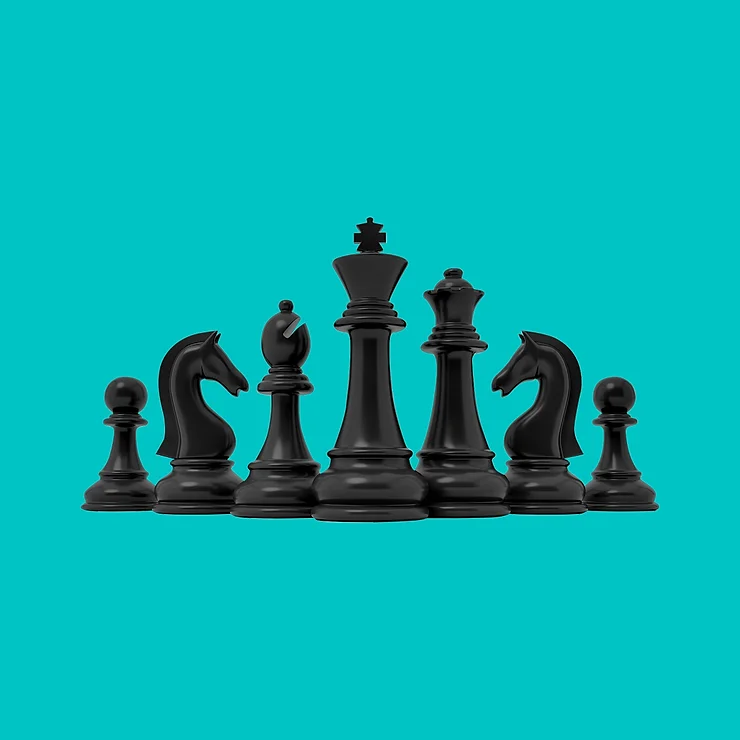 A set of black chess pieces lined up in front of a teal background, representing strategic thinking and planning.