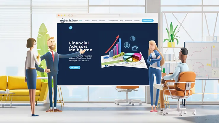 Illustration of business professionals discussing financial strategies in front of a large screen displaying financial graphs and charts.