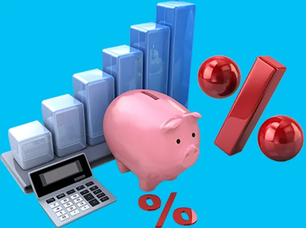 A pink piggy bank, calculator, blue bar graphs, and red percentage symbols on a bright blue background.