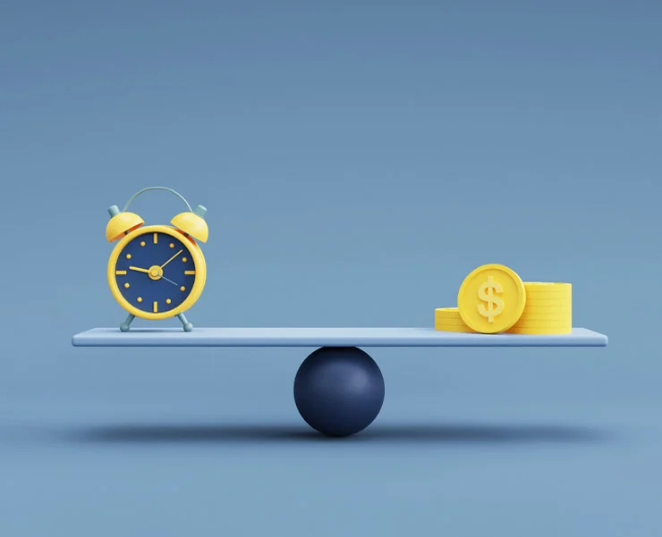 Yellow alarm clock and stack of gold coins balanced on a seesaw, symbolizing the balance between time and money.