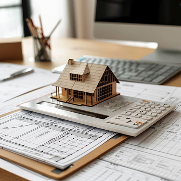 A small model of a house placed on top of a calculator, with architectural plans and office supplies on a desk in the background.